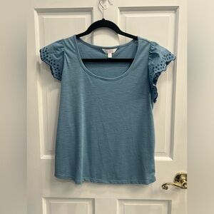 LC LAUREN CONRAD Blue Ruffled Embroidered Short Sleeves Top SIZE MEDIUM PreLoved